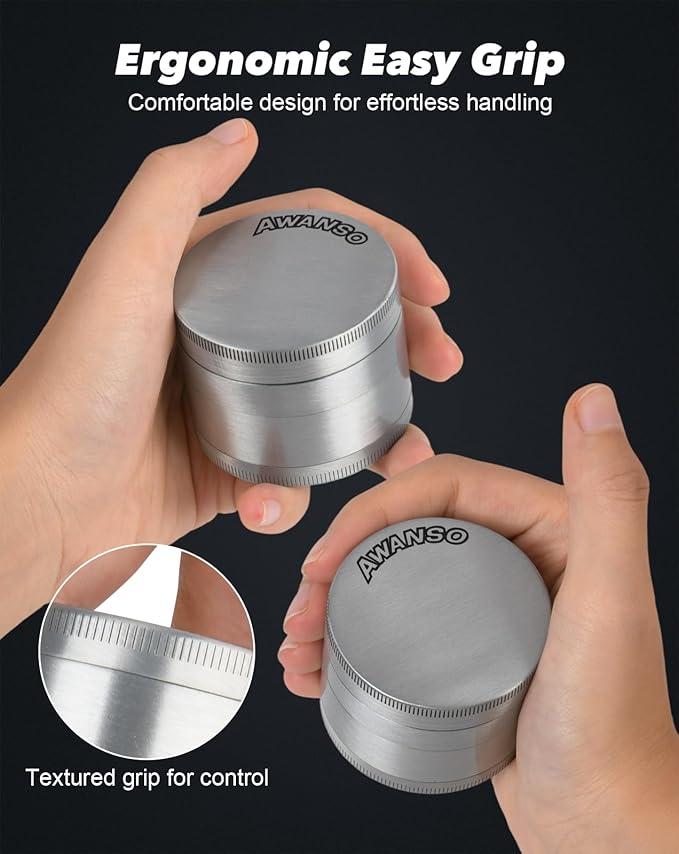 3" Grinder for Kitchen Spices, 3-Piece 4-Part Design, Screen-Free, Durable Zinc Alloy, Silver