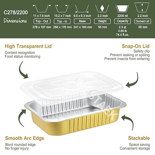 11" x 7.5" Heavy-Duty Aluminum Foil Pans with Lids, 74oz, 5 Pack – Extra-Thick Disposable Foil Containers for Oven, Baking, Freezer & Food Storage