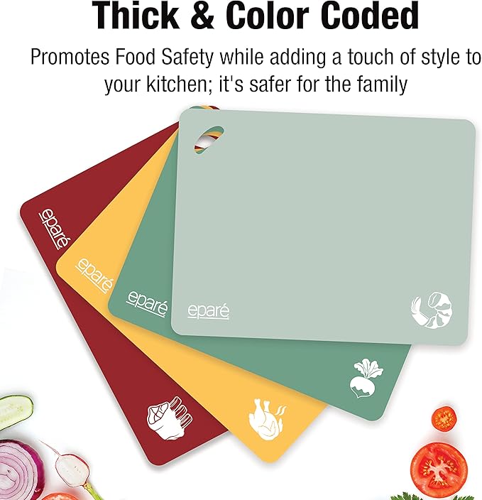 Eparé Extra Thick Flexible Folding Cutting Boards for Kitchen - Set of 4 Hangable & BPA Free Large Chopping & Cutting Mats for Cooking – Non Slip Cutting Sheets for Kitchen