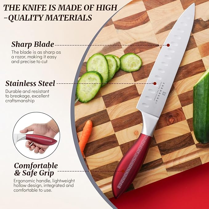 Kitchen Knife Set, Retrosohoo 9-Piece Red Sharp Non-Stick Coated Chef Knives Block Set,Stainless Steel Knife Set for Kitchen with Sharpener for Cutting Slicing Dicing Chopping (Red)