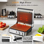 Panini Press,4 Slices Contact Grill with Removable Non-Stick Coated Grill and Flat Plates,Panini Makers with Temperature Control and Timer,Open 180 Degrees,Grill and Griddle (Silver wtih Full SUS)
