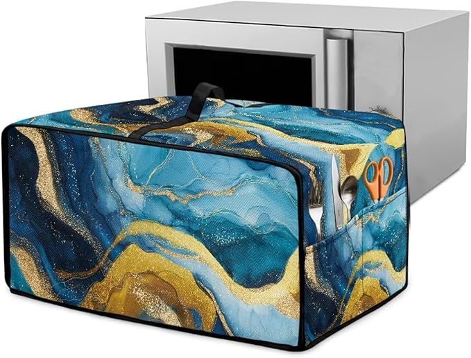 Marble Print Toaster Oven Dust Cover for Kitchen Counter, Heavy Duty Heat-resistant Microwave Oven Protective Cover Air Fryer Covers, Blue & Gold (Small-14.5 * 18.46 * 9 inches)