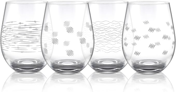 Joeyan Etched Stemless Wine Glasses,Hand Blown Drinking Glass Cups Wine Tumbler with Line Patterns,Carved Large Cocktail Whiskey Glasses,Gift for Party Wedding,4 Pack,17.5 oz,Dishwasher Safe
