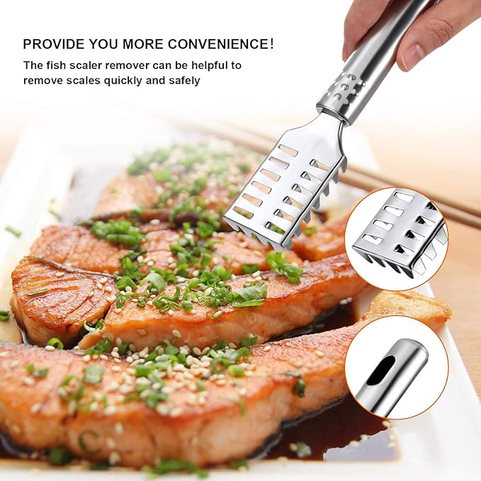 4 Piece Fish Scaler Remover Brush Set - Stainless Steel Sawtooth Scarper With Ergonomic Handle for Kitchen - Faster and Easier Scales Skin Removing Peeling Tool