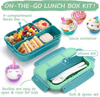QQKO Bento Box for Kids Adults, School Toddler Lunch Box for Boys Girls, Lunch Box Containers with 4 Compartments, Sauce Container, Utensils, Food Picks and Muffin Cups for School, Green