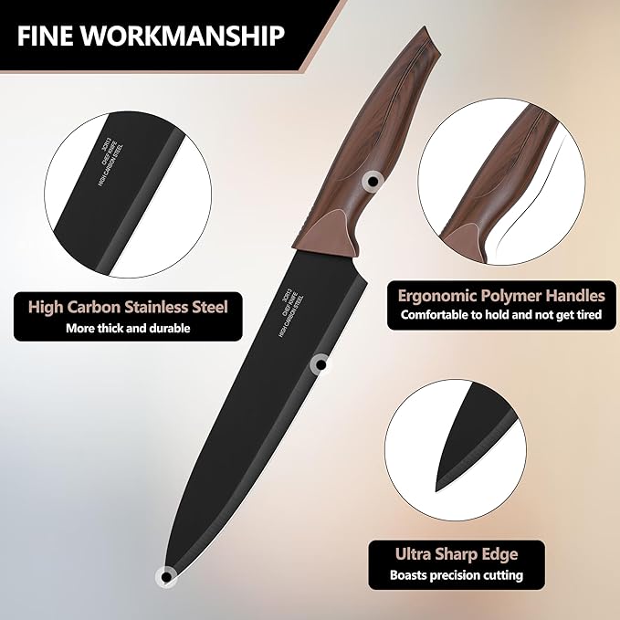E-far Knife Set with Block, 15 Pieces Kitchen Knife Block Set with Sharpener, High Carbon Stainless Steel Sharp Chef Knife Set with Ergonomic Handles, Anti Rust, Walnut