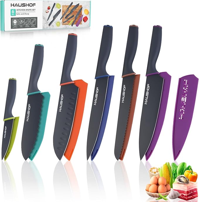HAUSHOF Kitchen Knife Set, 12-Piece Knives Set with 6 colorful Sheaths, Non-Stick Coated Stainless Steel Blades for Slicing, Dicing&Cutting, Gifts Knife Set for Dad, Mom, Husband and Wife