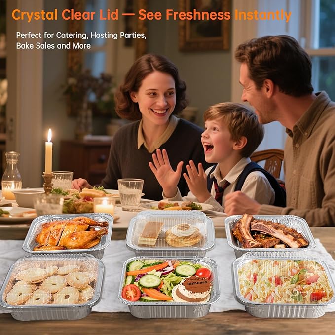 8x8 Aluminum Pans with Clear Lids - 20 Pack Disposable Baking Pans, Tin Foil Trays for Baking Cake, Cooking, Heating, Storing and Prepping Food