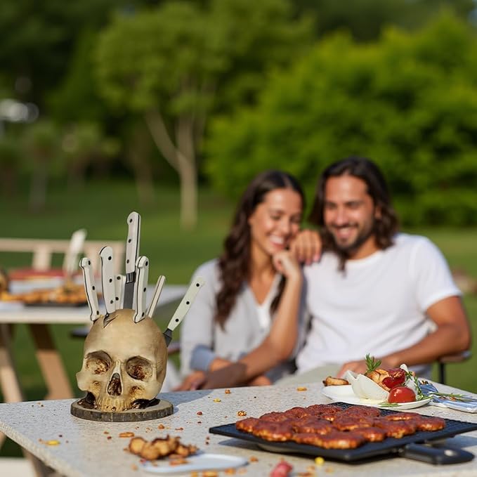 Life Size Skull Knife Block Holder - Hand Painted Resin Skull with 6 Slots for Kitchen Knives & Fruit, Horror Goth Kitchen Decor, Scary Party Display and Countertop Storage