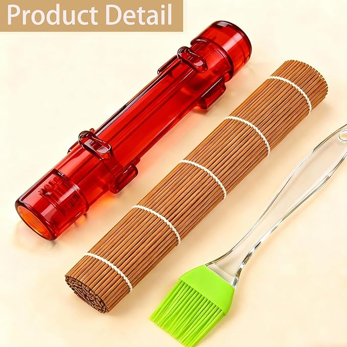 Sushi Making Kit – Clear Sushi Bazooka Roller & Bamboo Sushi Rolling Mat, Easy DIY Sushi Maker Tool Set for Beginners, Homemade Sushi Rolls for Kitchen & Party (Clear Red)