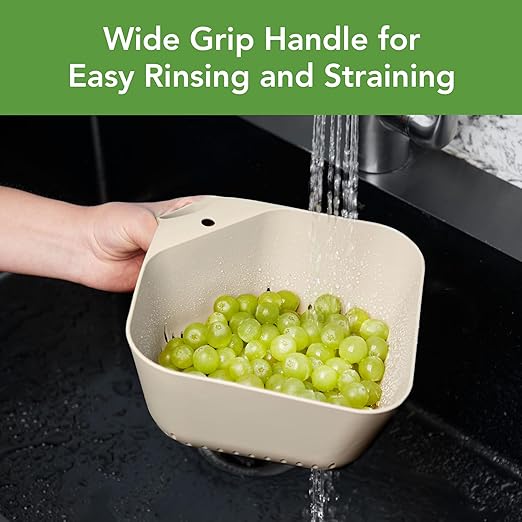 Tovolo Elements Square Colander with Handle Strainer Basket for Pasta Fruit Berries Veggies, Easy to Clean BPA Free Heat Resistant Plastic Colander with Spout 3 Quart Kitchen Strainer, Oatmeal