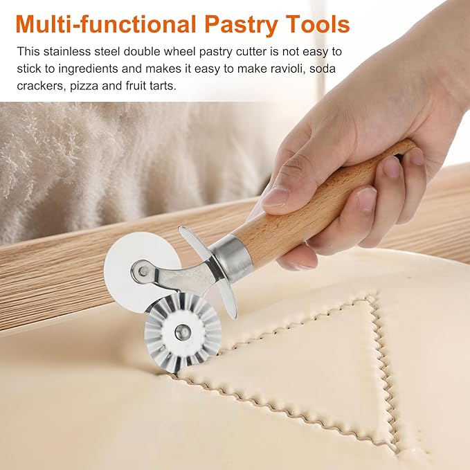 Pastry Cutter Double Wheel, Pastry and Pasta Cutter Wheel with Exquisite Wooden Handle Dual-Head Baking Tool for Home and Kitchen for Pasta Pizza Ravioli Cookie
