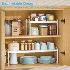 4 Pack Kitchen Cabinet Shelves Organizers, Kitchen Counter Storage Shelf Spice Rack, Expandable Length, Adjustable Height, Stackable, Sturdy 30LBS Bearing, Small Cupboard Tabletop Organizer Shelf Rack