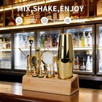 Cocktail Shaker Set Bartender Kit with Bamboo Stand, 15-Piece Stainless Steel Bar Set Accessories, Professional Bartending Kit Home Bar Tools Set with Recipes (Gold, Natural Wood Stand)