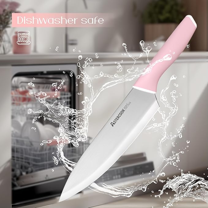 Astercook Knife Set, Kitchen Knives Set with Block and Sharpener 15 Pcs German Stainless Steel Knives Sharp Blade Dishwasher Safe Deba Knives with Ergonomic Handle, Crystal Pink