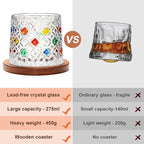 Rotatable Old Fashioned Glass Cup, 10oz/275ml Crystal Whiskey Glass, Wood Coaster, Thickening, Used as Rum Glass, Cocktail Cup, Coffee, Milk to Relax and Reduce Stress, Ideal Gift, Christmas gifts