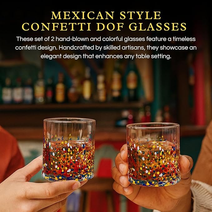 Large Confetti DOF Glasses – Set of 2-11oz Luxury Hand Blown Confetti Whiskey, Margarita, Martini, Cocktails, Water, Wine, Dessert & Champagne Glasses Cinco de Mayo, Hand Blown - Mexican Water Glass