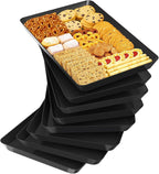 SpaceTrove 8-Pack Serving Tray Set, Reusable Plastic Serving Platter for Party Supplies, Entertaining, Grilling Accessories, Stackable Kitchen Snack Container for Dessert, Fruit, Cookie, (Black)