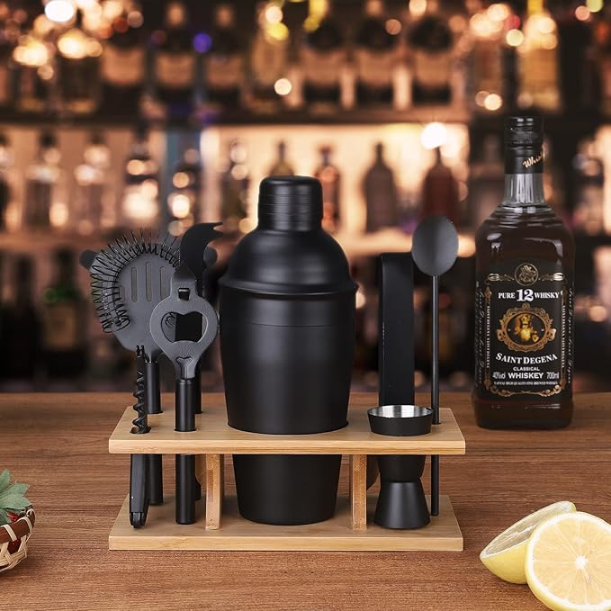 JNWINOG Cocktail Shaker Set Stainless Steel Bartending Kit 18.6oz Cocktail Bar Set Cocktail Mix Drink Making Kit Professional Bar and Home Drink Bar Tools for Bartender (Matte Black, 9Pcs)