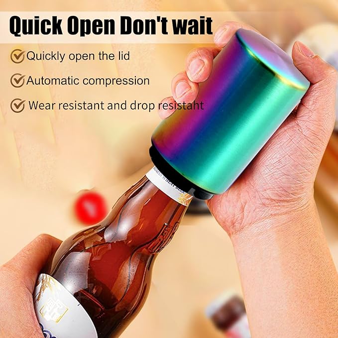 Beer Bottle Opener Destapadores de Cerveza Automatic Bottle Opener Bottle Cap Opener, Down-Pop Off Beer Bottle Opener with Magnetic Cap Catcher, Cool Bartender Tools, Men Beer Gift （Color）