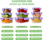 HOMBERKING Glass Food Storage Containers with Lids, 18 Piece Meal Prep Containers, Airtight Lunch Bento Boxes, BPA-Free & Leak Proof (9 Lids & 9 Containers) - Purple