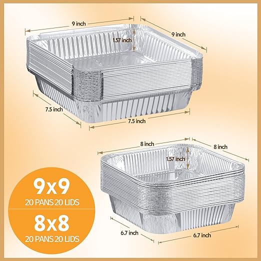 40 Pack Disposable Aluminum Pans with Lids Combo Set-9x9 (20pc) & 8x8(20pc) Square Aluminum Foil Pans,For Meal Prep,Food Cooking,Roasting,Heating. (40 Pack W/Lids)
