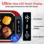 Indoor Grill, CUSIMAX Smokeless Grill Indoor, Electric Griddle, 1500W Korean BBQ Grill with LED Smart Display & Tempered Glass Lid, Non-stick Removable Plate & Griddle Plate, Red