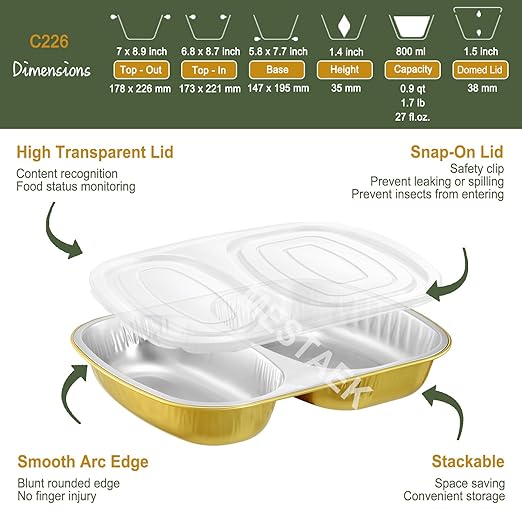 Divided Aluminum Foil Food Trays with Snap-On Lids (5 Pack) – 2X Thicker Heavy Duty Gold Compartment Pans for Takeout, Meal Prep, Lunch & Catering, 27oz