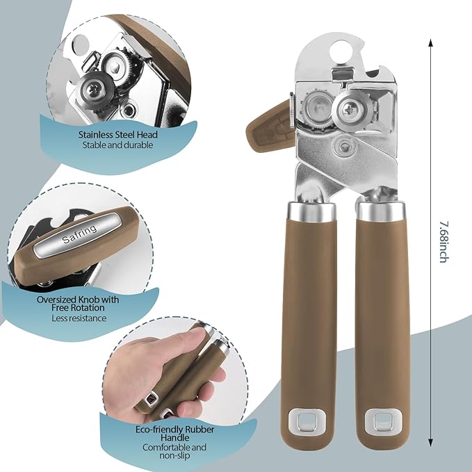 Safring Can Opener Manual, Heavy Duty Handheld Strong Can Opener with Soft Touch Handle, Sharp Blade Smooth Edge, Can Openers with Multifunctional Bottle Opener, Coffee