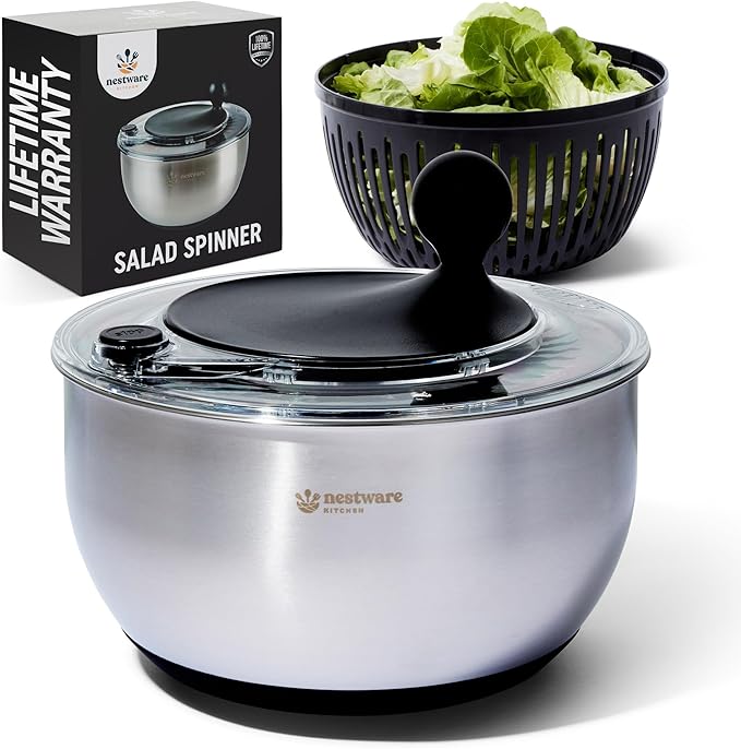 Stainless Steel Salad Spinner, Lettuce, Vegetable & Fruit Dryer, 5L Capacity, Non-Slip Base (304 Stainless Steel - Black)