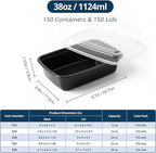 TIYA Food Containers - 38 oz Bulk 150 Pack with Lids - Rectangular Plastic To-Go Containers - Reusable, Microwavable, Dishwasher Safe - Leak-Proof for Meal Prep - BPA-Free