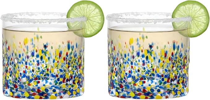 Large Confetti DOF Glasses – Set of 2-11oz Luxury Hand Blown Confetti Whiskey, Margarita, Martini, Cocktails, Water, Wine, Dessert & Champagne Glasses Cinco de Mayo, Hand Blown - Mexican Water Glass