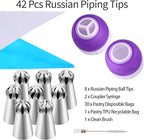 42 Pcs Russian Piping Tips Set, 8 Nozzles Flower Frosting Icing Tips Russian Ball Piping Tips for Cake Decorating Kit, 2 Couplers 30 Pastry Baking Bags 1 Cleaning Brush, 1 Reusable Silicone Bag YLYL