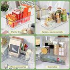 Snack Organizer for Pantry Shelf, 4 Pack Clear Plastic Pantry Storage Bins with 3 Dividers for Snacks, Spices, Chips Food Organizer, Stackable Pantry Organizers for Kitchen, Fridge, Cabinet