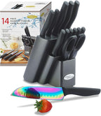 Marco Almond Knife Set with Block, 14 Piece Rainbow Titanium Knife Block Set, KYA25 Cooking Steak Knives set with Black Handle.