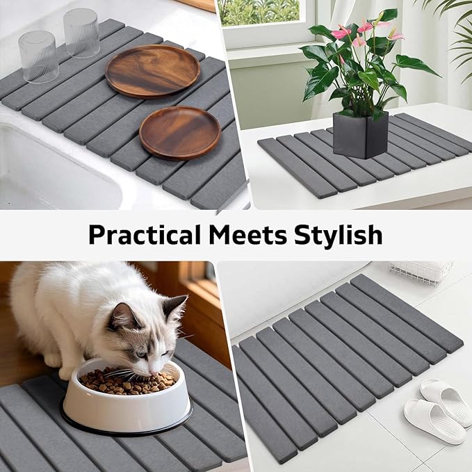 Large Stone Dish Drying Mat for Kitchen Counter, 24"×16", Collapsible Quick Dry Dish Drying Mat, Ultra Absorbent Diatomaceous Earth Mats for Dishes Bottles Cups, Match Any Countertop - Grey