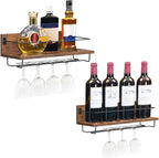 HOOBRO Wall Mounted Wine Rack 2 Pack, Wine Shelf Hanging Floating Wall Shelves, Wine Glass Bottle Rack Stemware Holder, for Living Room, Dining Room, Kitchen, Rustic Brown and Black BF28BJ01