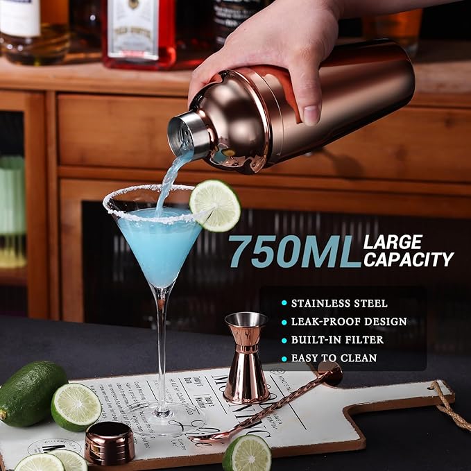 Cocktail Shaker Set Bartender Kit with Stand, 12 Piece Bar Set Drink Mixer Set with Stainless Steel Bar Accessories Tools: 25oz Martini Shaker Jigger Strainer Spoon Muddler for Cocktails (Rose Gold)