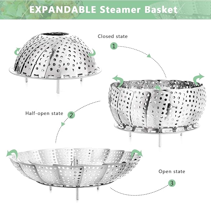Buylorco Stainless Steel Folding Vegetable Steamer Insert for Veggie & Seafood Cooking (fits pots 6" to 10")