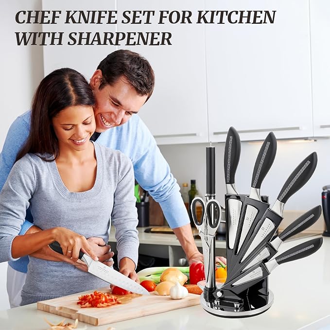 Kitchen Knife Set, Retrosohoo 8-Piece Grey Sharp Non-Stick Coated Chef Knives Block Set,Stainless Steel Knife Set for Kitchen with Sharpener for Cutting Slicing Dicing Chopping (Grey)