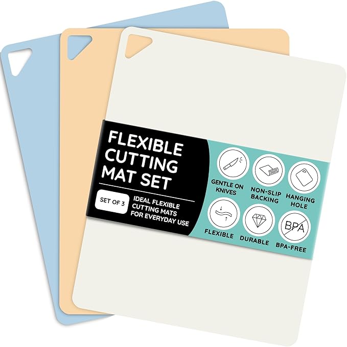 Extra Thick Flexible Cutting Boards for Kitchen, Cutting Mats for Cooking, Colored Cutting Mat Set, Non-Slip Cutting Sheets, Flexible Plastic Cutting Board Set of 3, Serving Utensils 15"x12"