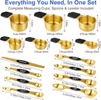 Magnetic Measuring Cups & Spoons Set, Strong N45 Magnets, Heavy Duty Stainless Steel Fits in Spice Jars for Baking & Cooking, BPA Free, Round Set of 15 with Leveler,Gold