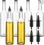 Baderke 6 Pack Glass Long Neck Bottles with Pourer and Caps Clear Glass Wine Syrup Bottle with Spout for Liquor Juice Home Party Bar Kitchen Accessories(Plastic)