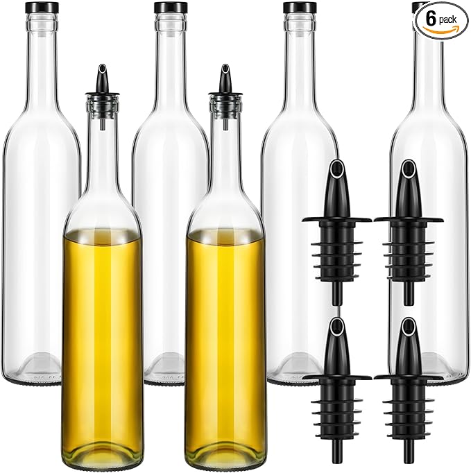 Baderke 6 Pack Glass Long Neck Bottles with Pourer and Caps Clear Glass Wine Syrup Bottle with Spout for Liquor Juice Home Party Bar Kitchen Accessories(Plastic)
