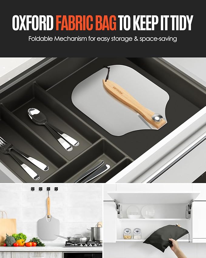 Mooues Pizza Peel Aluminum Pizza Spatula, Metal Pizza Paddle(14inx 16in) with Rocker Cutter Foldable Wood Handle, [Storage bag included], for Family Pizza Oven Baking Pizza, Dough, Bread & Pastry