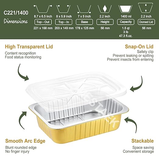 8.5" x 6.5" Heavy-Duty Aluminum Foil Pans with Lids, 47oz, 5 Pack – Extra-Thick Disposable Foil Containers for Oven, Baking, Freezer & Food Storage