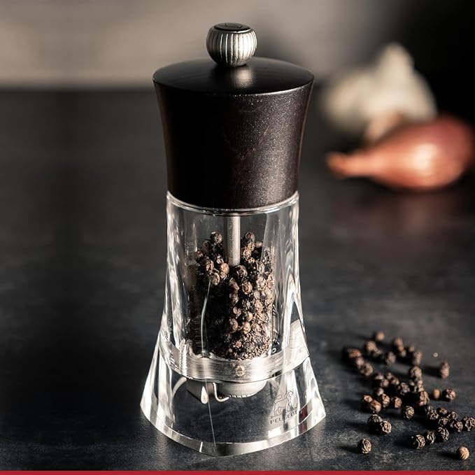 Manual chili pepper mill, chocolate finish, beech wood and acrylic, 14 cm