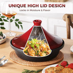 Moroccan Tagine for Cooking: Enameled Cast Iron Cooking Pot, Slow Cooker, Classic Kitchen Cookware, Tajine with Ceramic Cone-Shaped Closed Lid, 3.3 QT, Red
