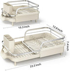 SAYZH Dish Drying Rack - Expandable Dish Rack for Kitchen Counter, Rust-Resistant Dish Drainer with Utensil Holder and Raised Guardrail, Kitchen Organizer for Cup and Bottle (Beige)