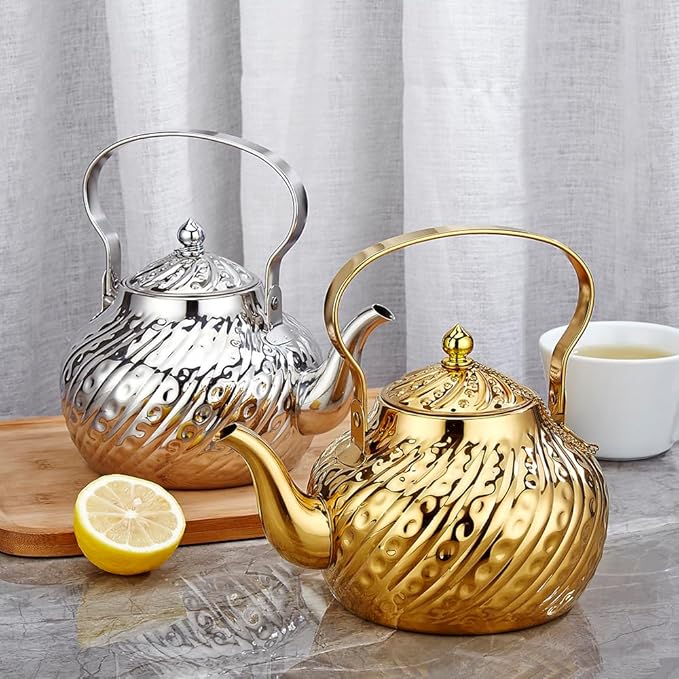 SANQIAHOME 2000ml stainless steel antique style teapot,with Infuser, thickened boiling kettle, lifting handle,Gold